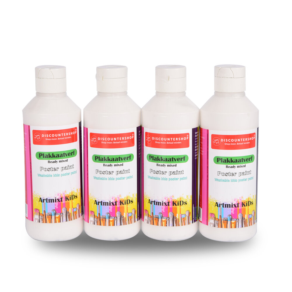 Discountershop Witte Plakkaatverf Set 4x | Waterbasis | Ondoorzichtige Consistentie | 5x16cm | Elke Set 250 ml | Geschikt voor Diverse Ondergronden |  Ideaal voor Knutselactiviteiten en Schoolprojecten Discountershop Witte Plakkaatverf Set 4x | Waterbasis | Ondoorzichtige Consistentie | 5x16cm | Elke Set 250 ml | Geschikt voor Diverse Ondergronden |  Ideaal voor Knutselactiviteiten en Schoolprojecten