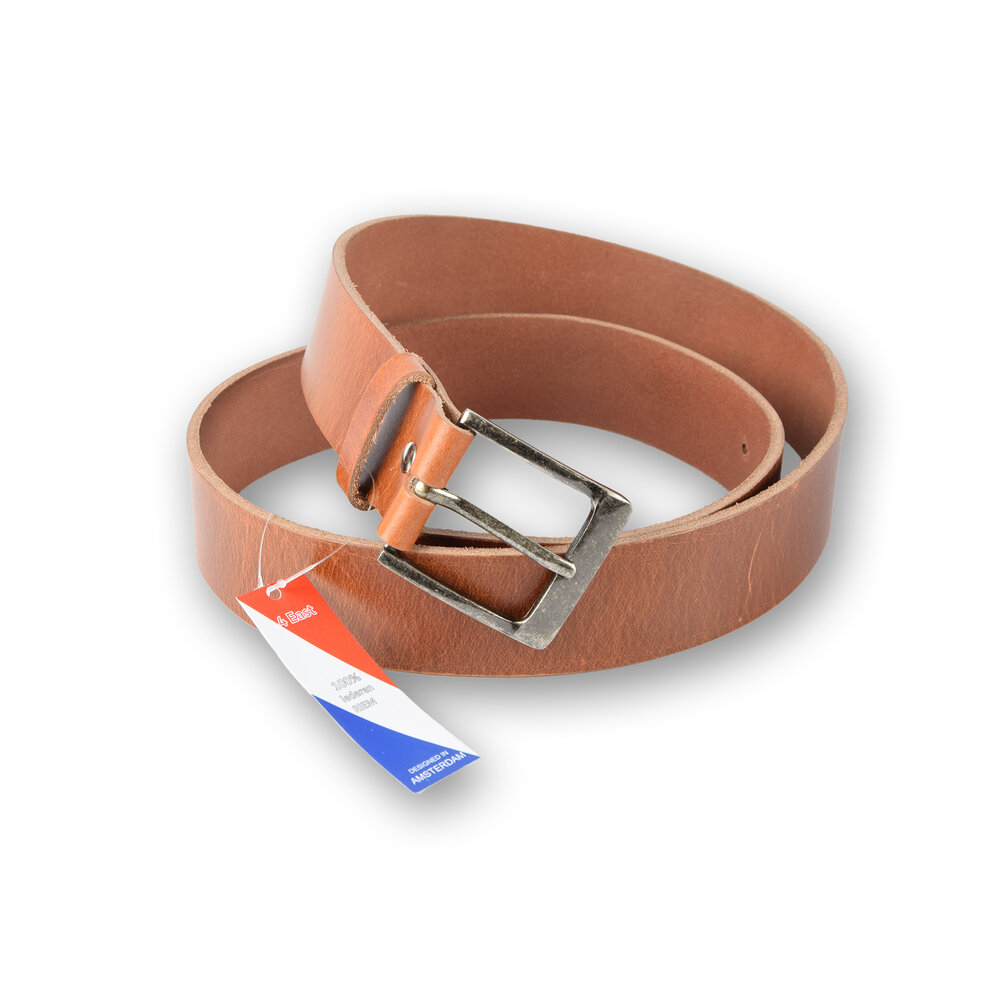 4 East 4East Unisex 100% Echt buffelleer Riem - tan Broekriem - Maat 105 - Verstelbaar - 5 Gaten - Totale Lengte 120cm - Voor Dames en Heren - 4cm Breedte Broekriem