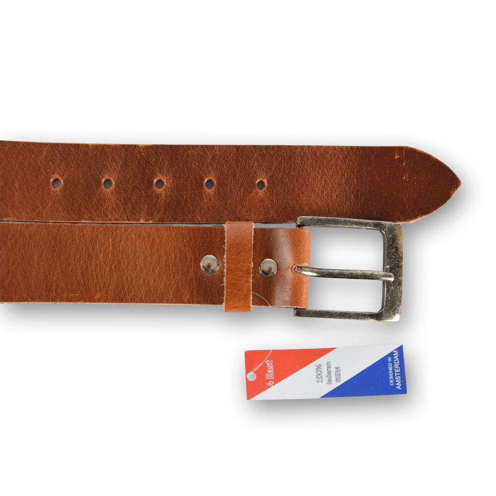 4 East 4East Unisex 100% Echt buffelleer Riem - tan Broekriem - Maat 105 - Verstelbaar - 5 Gaten - Totale Lengte 120cm - Voor Dames en Heren - 4cm Breedte Broekriem