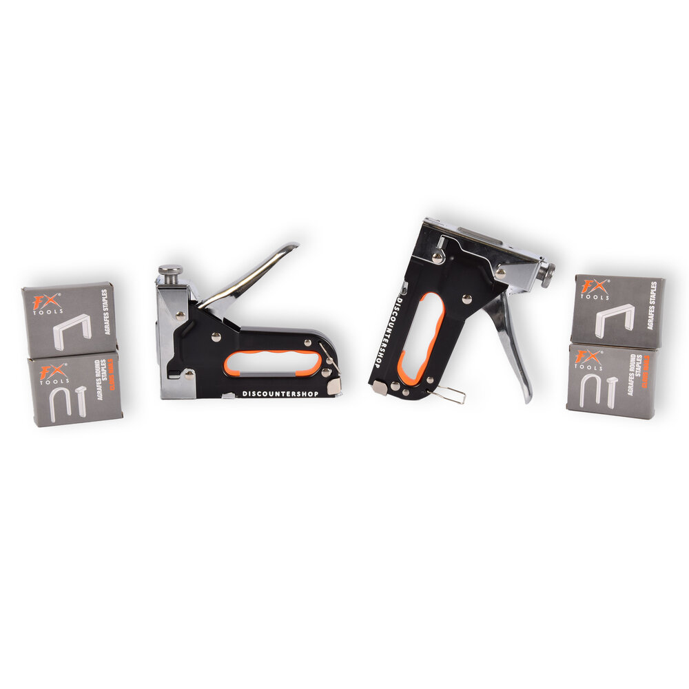 Discountershop Hand Tacker Set | 2 pieces | Powerful Staple Gun with Staples | Robust Stapler | | Metal | Orange & Black | Compact Design - 15.5cm x 2cm x 13.5cm