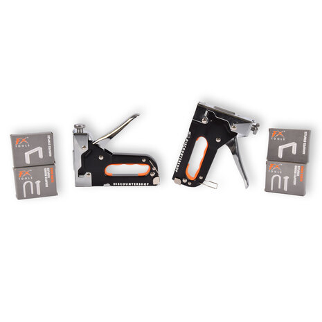 Discountershop Hand Tacker Set | 2 pieces | Powerful Staple Gun with Staples | Robust Stapler | | Metal | Orange & Black | Compact Design - 15.5cm x 2cm x 13.5cm