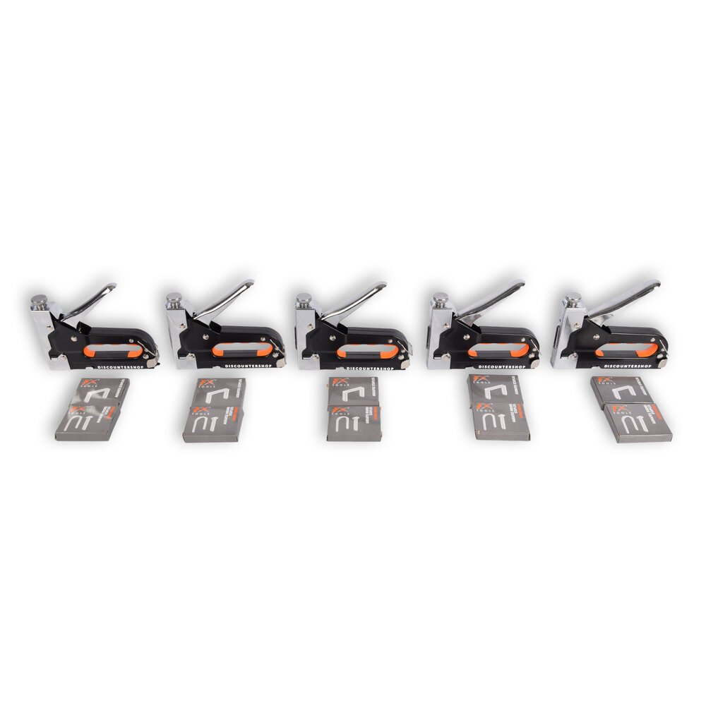 Discountershop 5 pieces Powerful Staple Gun with Staples | Robust Stapler | Orange & Black | Compact Design - 15.5cm x 2cm x 13.5cm Discountershop 5 pieces Powerful Staple Gun with Staples | Robust Stapler | Orange & Black | Compact Design - 15.5cm x 2cm x 13.5cm