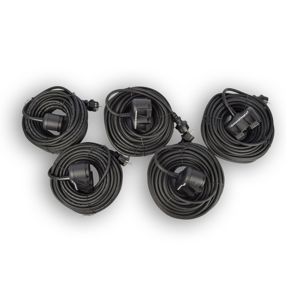 Discountershop 5x Robust Rubber Extension Cable with 2 sockets – cable - 3G1.5MM² - Black - Max 3500 Watt, 20m Cable length - IP44 - water resistant - 230V Discountershop 5x Robust Rubber Extension Cable with 2 sockets – cable - 3G1.5MM² - Black - Max 3500 Watt, 20m Cable length - IP44 - water resistant - 230V