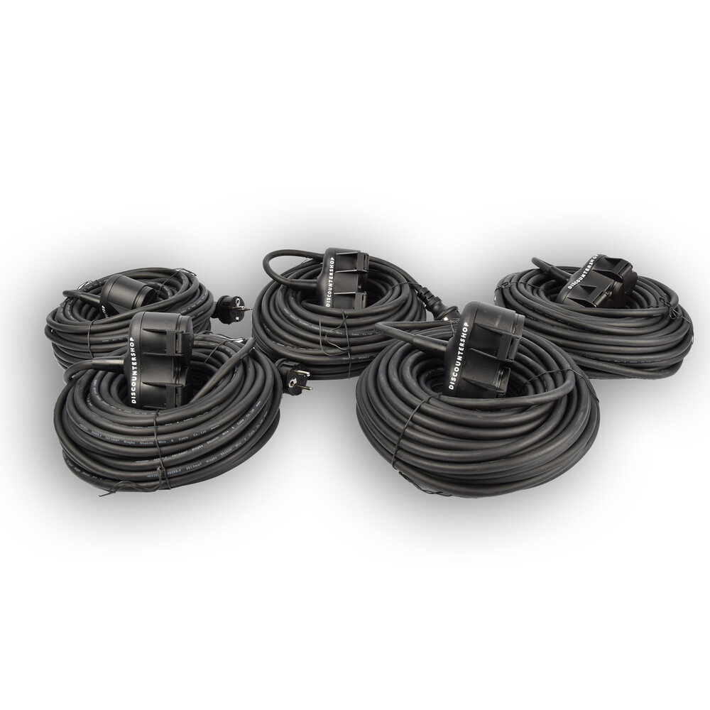 Discountershop 5x Robust Rubber Extension Cable with 2 sockets – cable - 3G1.5MM² - Black - Max 3500 Watt, 20m Cable length - IP44 - water resistant - 230V Discountershop 5x Robust Rubber Extension Cable with 2 sockets – cable - 3G1.5MM² - Black - Max 3500 Watt, 20m Cable length - IP44 - water resistant - 230V