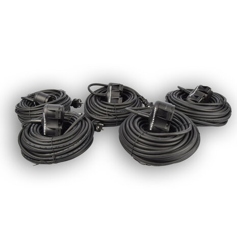 Discountershop 5x Robuust Rubber Verlengsnoer met 2 stopcontacten – cable - 3G1.5MM² - Zwarte - Max 3500 Watt, 20m Kabellengte - IP44 - waterbestendig - 230V