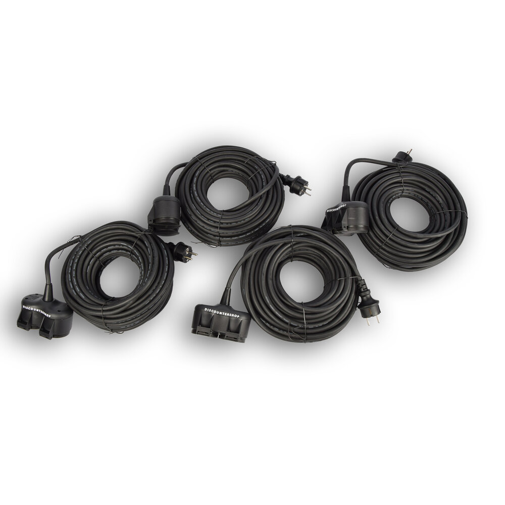 Discountershop 4x Robuust Rubber Verlengsnoer met 2 stopcontacten – cable - 3G1.5MM² - Zwarte - Max 3500 Watt, 20m Kabellengte - IP44 - waterbestendig - 230V Discountershop 4x Robuust Rubber Verlengsnoer met 2 stopcontacten – cable - 3G1.5MM² - Zwarte - Max 3500 Watt, 20m Kabellengte - IP44 - waterbestendig - 230V