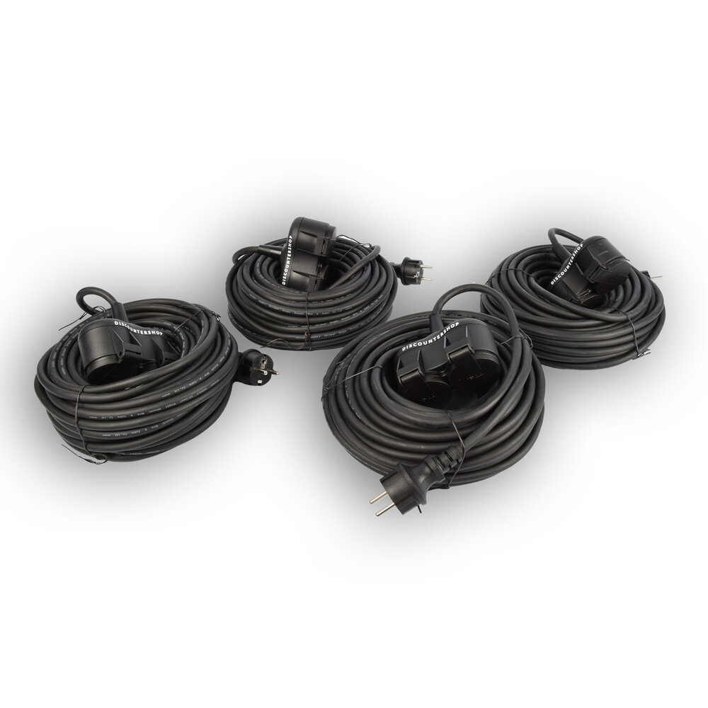 Discountershop 4x Robuust Rubber Verlengsnoer met 2 stopcontacten – cable - 3G1.5MM² - Zwarte - Max 3500 Watt, 20m Kabellengte - IP44 - waterbestendig - 230V Discountershop 4x Robuust Rubber Verlengsnoer met 2 stopcontacten – cable - 3G1.5MM² - Zwarte - Max 3500 Watt, 20m Kabellengte - IP44 - waterbestendig - 230V