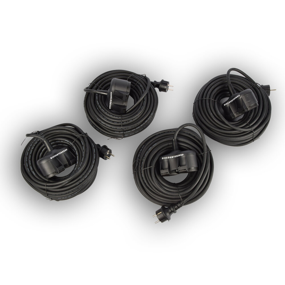 Discountershop 4x Robuust Rubber Verlengsnoer met 2 stopcontacten – cable - 3G1.5MM² - Zwarte - Max 3500 Watt, 20m Kabellengte - IP44 - waterbestendig - 230V Discountershop 4x Robuust Rubber Verlengsnoer met 2 stopcontacten – cable - 3G1.5MM² - Zwarte - Max 3500 Watt, 20m Kabellengte - IP44 - waterbestendig - 230V