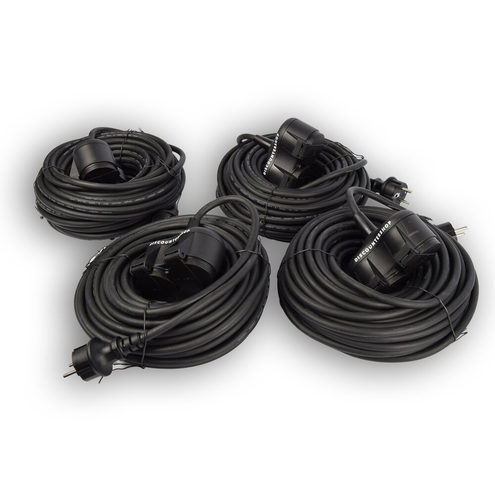 Discountershop 4x Robuust Rubber Verlengsnoer met 2 stopcontacten – cable - 3G1.5MM² - Zwarte - Max 3500 Watt, 20m Kabellengte - IP44 - waterbestendig - 230V Discountershop 4x Robuust Rubber Verlengsnoer met 2 stopcontacten – cable - 3G1.5MM² - Zwarte - Max 3500 Watt, 20m Kabellengte - IP44 - waterbestendig - 230V