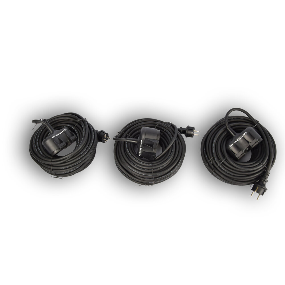 Discountershop 3x Robust Rubber Extension Cable with 2 sockets – cable - 3G1.5MM² - Black - Max 3500 Watt, 20m Cable length - IP44 - water resistant - 230V Discountershop 3x Robust Rubber Extension Cable with 2 sockets – cable - 3G1.5MM² - Black - Max 3500 Watt, 20m Cable length - IP44 - water resistant - 230V