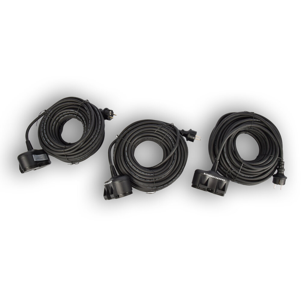 Discountershop 3x Robuust Rubber Verlengsnoer met 2 stopcontacten – cable - 3G1.5MM² - Zwarte - Max 3500 Watt, 20m Kabellengte - IP44 - waterbestendig - 230V