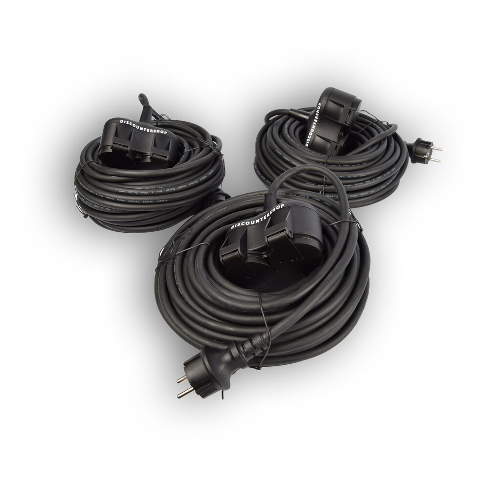 Discountershop 3x Robust Rubber Extension Cable with 2 sockets – cable - 3G1.5MM² - Black - Max 3500 Watt, 20m Cable length - IP44 - water resistant - 230V Discountershop 3x Robust Rubber Extension Cable with 2 sockets – cable - 3G1.5MM² - Black - Max 3500 Watt, 20m Cable length - IP44 - water resistant - 230V