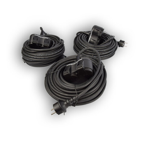 Discountershop 3x Robuust Rubber Verlengsnoer met 2 stopcontacten – cable - 3G1.5MM² - Zwarte - Max 3500 Watt, 20m Kabellengte - IP44 - waterbestendig - 230V
