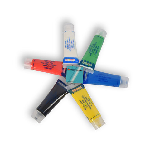 Merkloos Acrylverf set – 6 tubes - Waterbestendig - wit,rood,blauw,groen,geel,zwart - Verf set – hobbywinkel – 3.5cm x 4.5cm x 15cm Merkloos Acrylverf set – 6 tubes - Waterbestendig - wit,rood,blauw,groen,geel,zwart - Verf set – hobbywinkel – 3.5cm x 4.5cm x 15cm