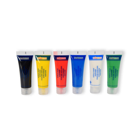 Merkloos Acrylic paint set – 6 tubes - Water resistant - white, red, blue, green, yellow, black - Paint set – hobby shop – 3.5cm x 4.5cm x 15cm Merkloos Acrylic paint set – 6 tubes - Water resistant - white, red, blue, green, yellow, black - Paint set – hobby shop – 3.5cm x 4.5cm x 15cm