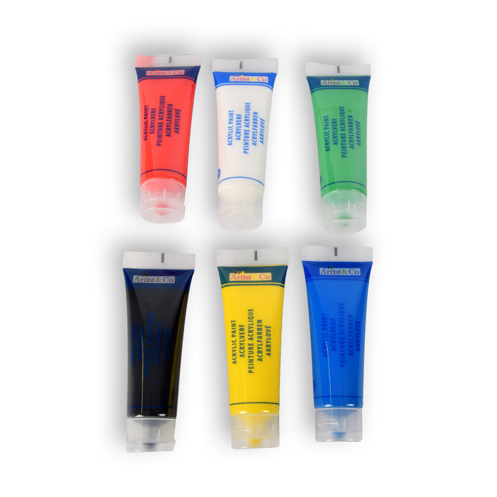 Merkloos Acrylic paint set – 6 tubes - Water resistant - white, red, blue, green, yellow, black - Paint set – hobby shop – 3.5cm x 4.5cm x 15cm Merkloos Acrylic paint set – 6 tubes - Water resistant - white, red, blue, green, yellow, black - Paint set – hobby shop – 3.5cm x 4.5cm x 15cm
