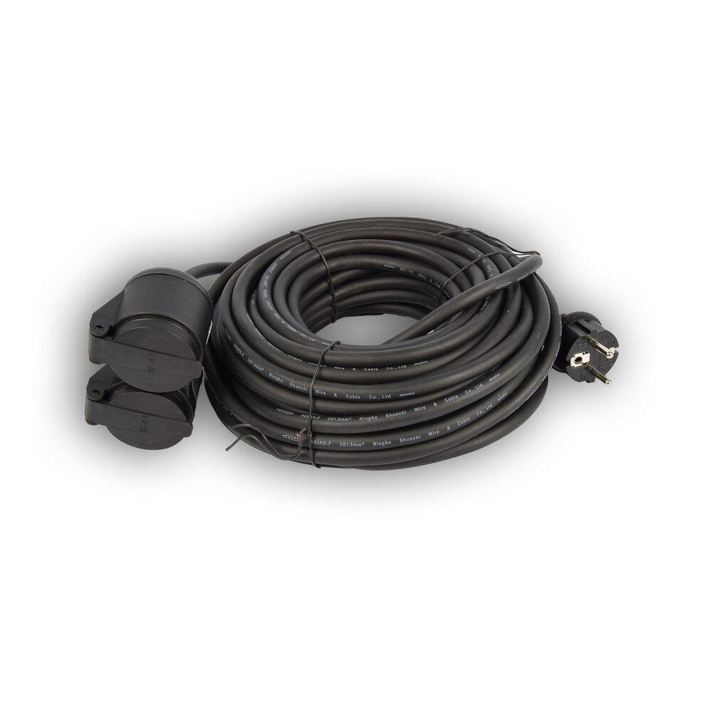Discountershop Extension cord with 2 sockets 20 meters - extension cable with 2 Schuko sockets, double extension, 2 earthed contact socket, rubber cable for outdoor use, IP44, H05RR-F3G 1.5 mm2 Neoprene. Outdoor rubber. 20 meters, with two plug connections. Discountershop Extension cord with 2 sockets 20 meters - extension cable with 2 Schuko sockets, double extension, 2 earthed contact socket, rubber cable for outdoor use, IP44, H05RR-F3G 1.5 mm2 Neoprene. Outdoor rubber. 20 meters, with two plug connections.