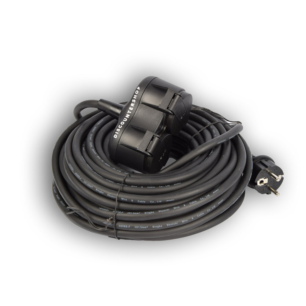 Discountershop Extension cord with 2 sockets 20 meters - extension cable with 2 Schuko sockets, double extension, 2 earthed contact socket, rubber cable for outdoor use, IP44, H05RR-F3G 1.5 mm2 Neoprene. Outdoor rubber. 20 meters, with two plug connections. Discountershop Extension cord with 2 sockets 20 meters - extension cable with 2 Schuko sockets, double extension, 2 earthed contact socket, rubber cable for outdoor use, IP44, H05RR-F3G 1.5 mm2 Neoprene. Outdoor rubber. 20 meters, with two plug connections.