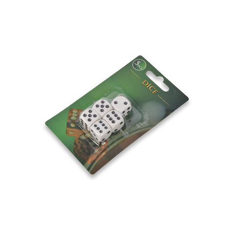 Discountershop High Quality Dice Set of 5 Pieces - Plastic Playing Stones - White/Black - 1.5cm x 1.5cm - 25g