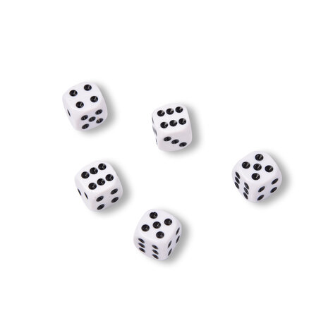 Discountershop High Quality Dice Set of 5 Pieces - Plastic Playing Stones - White/Black - 1.5cm x 1.5cm - 25g