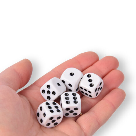 Discountershop Kwalitatieve Hoogwaardige Dobbelstenen Set van 5 Stuks - Plastic Speelstenen - Wit/Zwart - 1.5cm x 1.5cm - 25g Discountershop Kwalitatieve Hoogwaardige Dobbelstenen Set van 5 Stuks - Plastic Speelstenen - Wit/Zwart - 1.5cm x 1.5cm - 25g