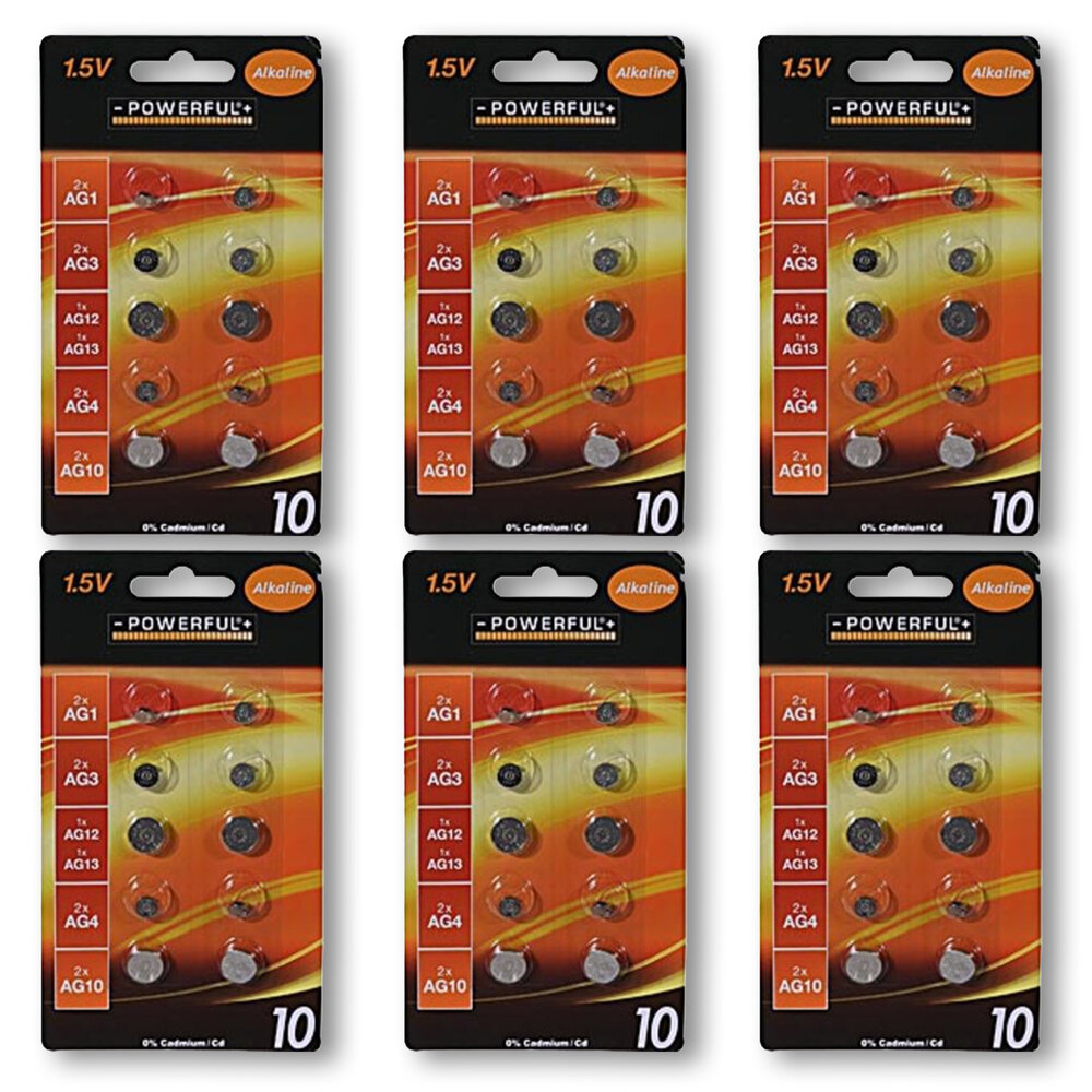 Merkloos Complete Set of 60 High Quality Silver Button Cells and Batteries - Alkaline and Lithium, 1.5V - Contains AG1, AG3, AG12, AG13, AG4 and AG10. Merkloos Complete Set of 60 High Quality Silver Button Cells and Batteries - Alkaline and Lithium, 1.5V - Contains AG1, AG3, AG12, AG13, AG4 and AG10.
