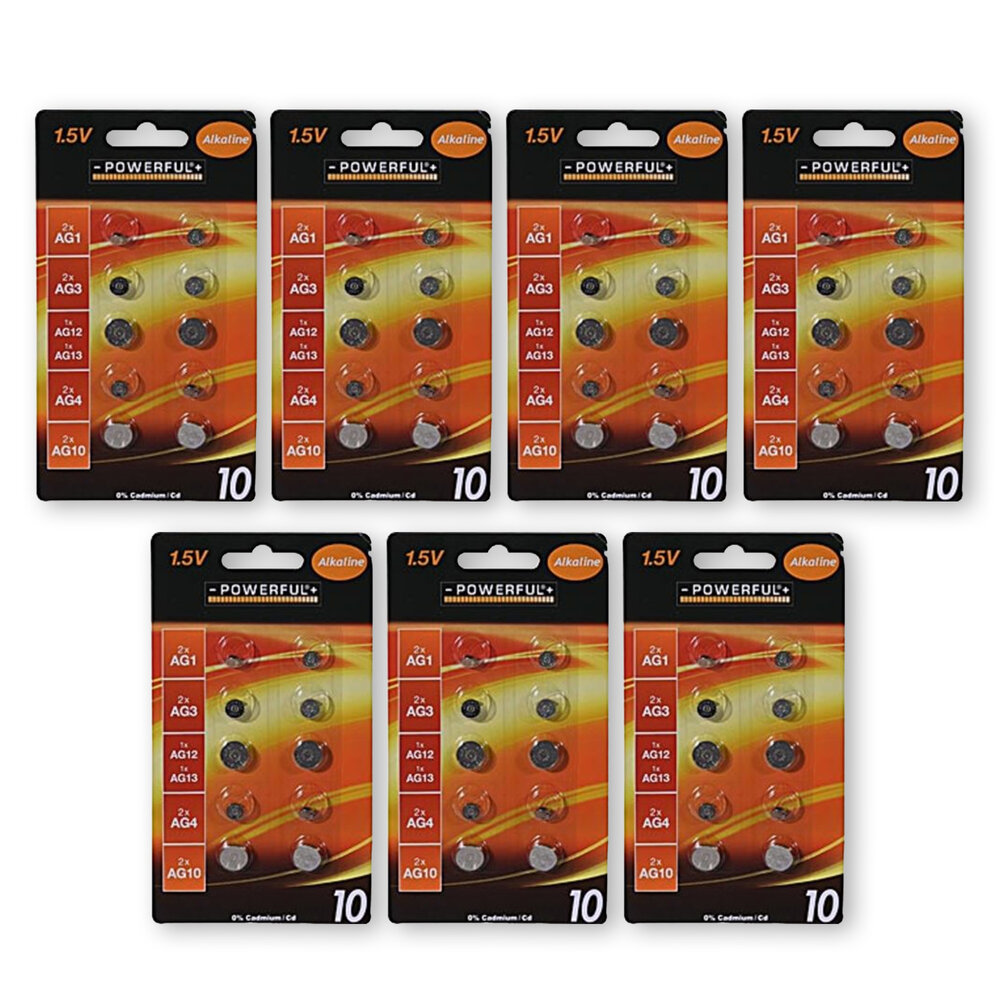 Merkloos Set of 70 High Quality Button Cells and Batteries - Alkaline and Lithium, Silver, 1.5V, with AG1, AG3, AG12, AG13, AG4 and AG10. Merkloos Set of 70 High Quality Button Cells and Batteries - Alkaline and Lithium, Silver, 1.5V, with AG1, AG3, AG12, AG13, AG4 and AG10.