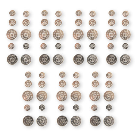 Merkloos Set of 70 High Quality Button Cells and Batteries - Alkaline and Lithium, Silver, 1.5V, with AG1, AG3, AG12, AG13, AG4 and AG10. Merkloos Set of 70 High Quality Button Cells and Batteries - Alkaline and Lithium, Silver, 1.5V, with AG1, AG3, AG12, AG13, AG4 and AG10.