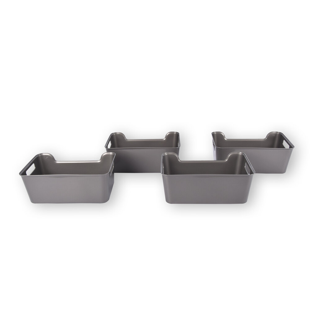 Discountershop Vier Stijlvolle Grijze Opbergmanden Van Plastic: Compact, Lichtgewicht En Met Een Inhoud Van 1 Liter Per Mand. Perfect Formaat: 17,5cm x 27cm x 11cm.