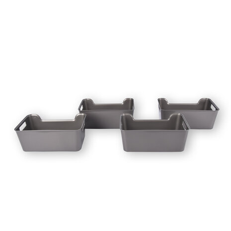 Discountershop Vier Stijlvolle Grijze Opbergmanden Van Plastic: Compact, Lichtgewicht En Met Een Inhoud Van 1 Liter Per Mand. Perfect Formaat: 17,5cm x 27cm x 11cm.