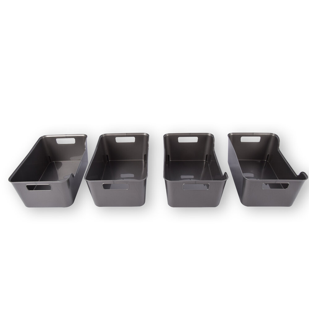 Discountershop Vier Stijlvolle Grijze Opbergmanden Van Plastic: Compact, Lichtgewicht En Met Een Inhoud Van 1 Liter Per Mand. Perfect Formaat: 17,5cm x 27cm x 11cm.