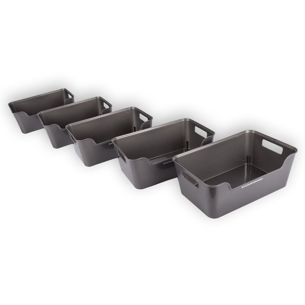 Discountershop Five Stylish Gray Plastic Storage Baskets: Compact, Lightweight And With A Capacity Of 1 Liter Per Basket. Perfect Size: 17.5cm x 27cm x 11cm. Discountershop Five Stylish Gray Plastic Storage Baskets: Compact, Lightweight And With A Capacity Of 1 Liter Per Basket. Perfect Size: 17.5cm x 27cm x 11cm.