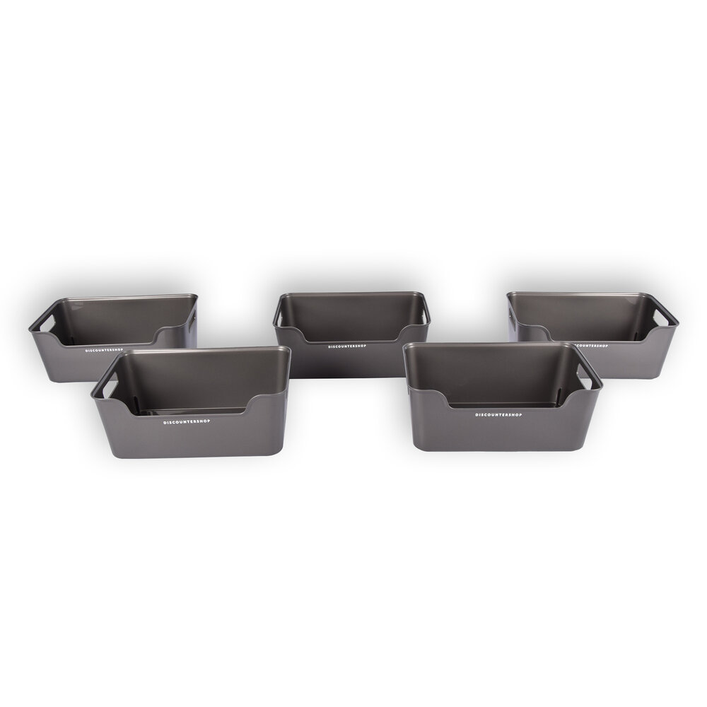 Discountershop Five Stylish Gray Plastic Storage Baskets: Compact, Lightweight And With A Capacity Of 1 Liter Per Basket. Perfect Size: 17.5cm x 27cm x 11cm. Discountershop Five Stylish Gray Plastic Storage Baskets: Compact, Lightweight And With A Capacity Of 1 Liter Per Basket. Perfect Size: 17.5cm x 27cm x 11cm.