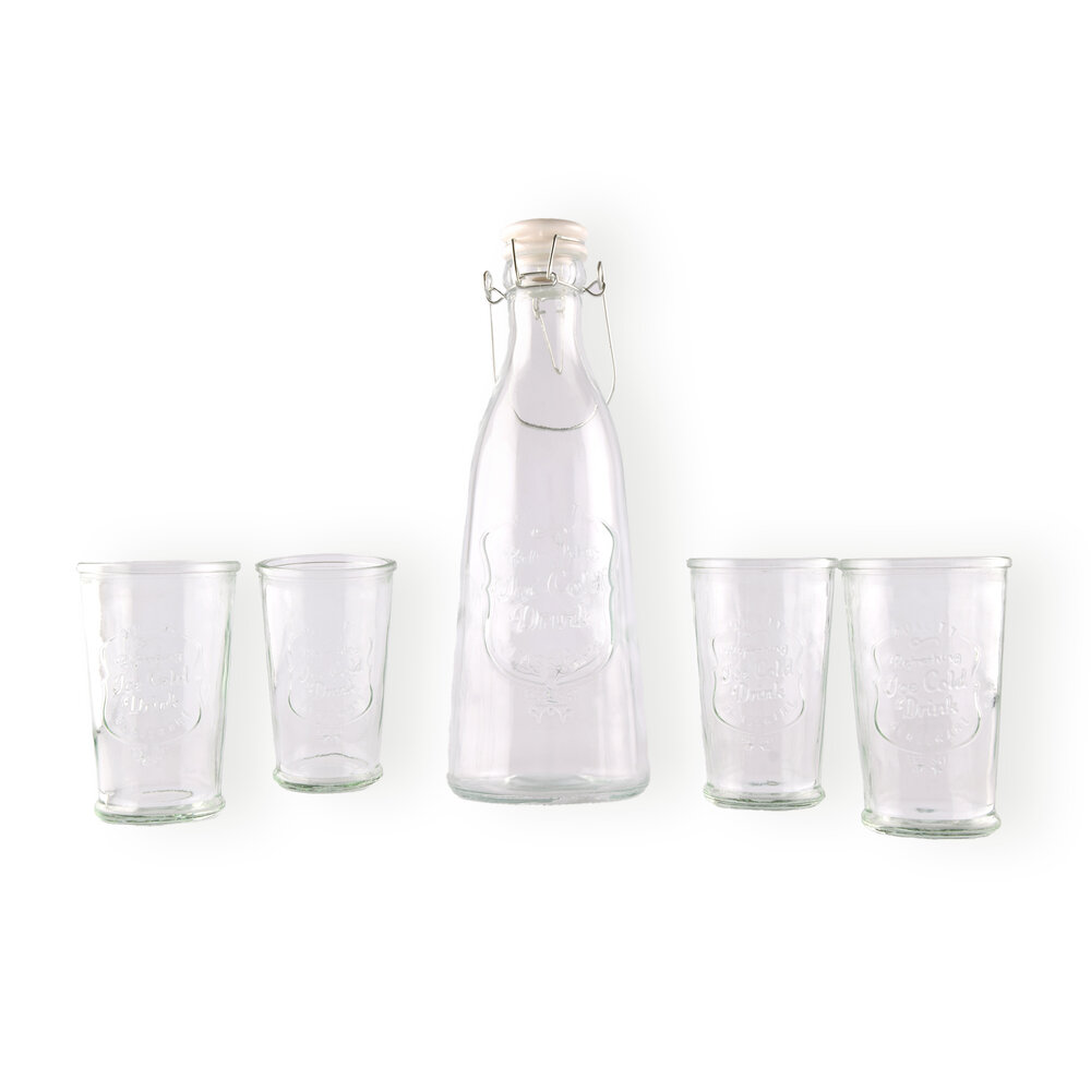 Discountershop Stijlvolle Glazen Karaf en Drinkglas Set: 1 Liter  Karaf en 4 Glazen van 250ML Discountershop Stijlvolle Glazen Karaf en Drinkglas Set: 1 Liter  Karaf en 4 Glazen van 250ML