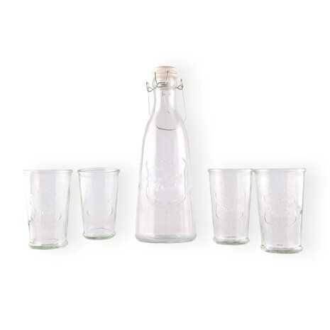 Discountershop Stylish Glass Carafe and Drinking Glass Set: 1 Liter Carafe and 4 Glasses of 250ML Discountershop Stylish Glass Carafe and Drinking Glass Set: 1 Liter Carafe and 4 Glasses of 250ML