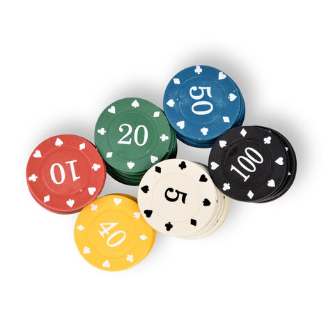 Discountershop 5x 48-piece Poker chips - Poker set | Card game, Poker, Casino | Plastic | Red, Blue, Black, White, Yellow, Green | 20.5cm x 6.5cm x 5cm | Recommended from 10 years