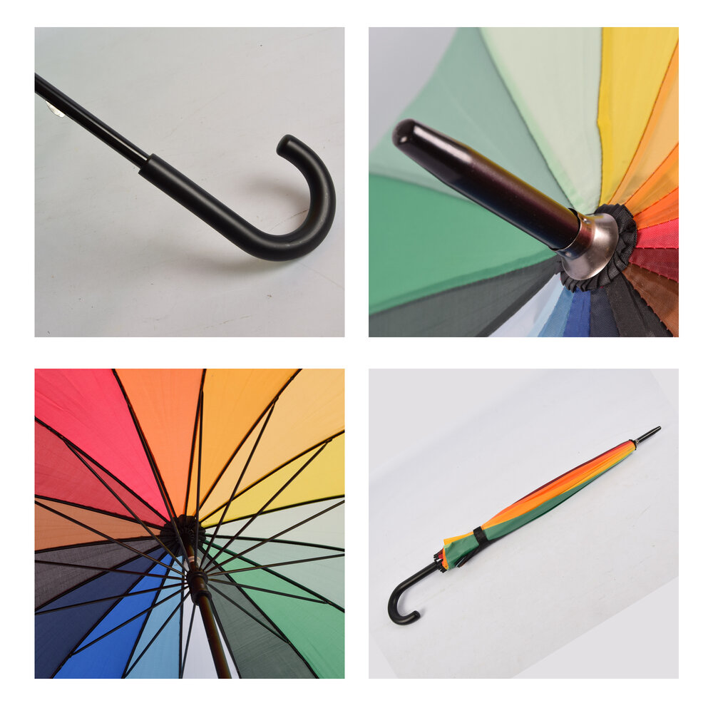 Discountershop Paraplu Regenboog Kleuren – Grote Lange Paraplu Ø98 cm – Regenboogparaplu 16 Ribben – Waterdichte Regen Paraplu voor Heren, Dames & Kinderen