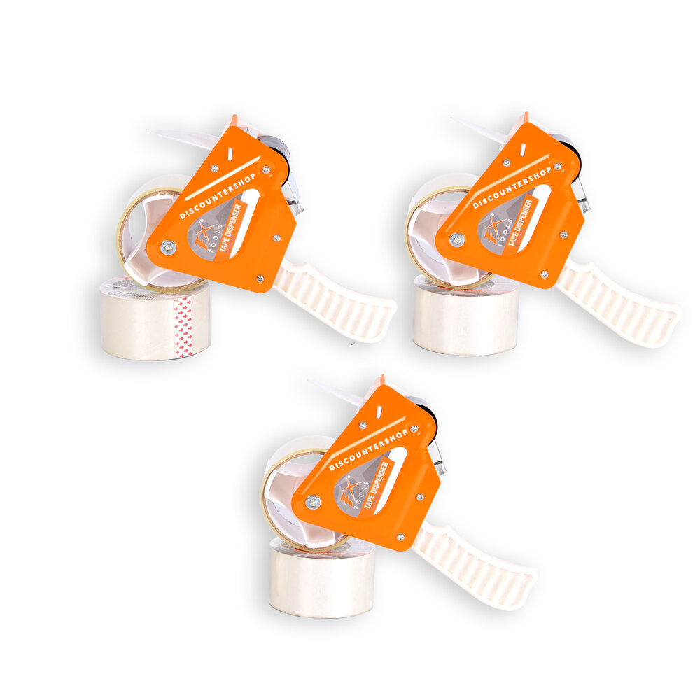 Discountershop Tape Dispenser Set: 3 Pieces, each including 6 Tapes (15cm x 48cm) - Adhesive Tape Holder in White & Orange - Made of Plastic & Metal Discountershop Tape Dispenser Set: 3 Pieces, each including 6 Tapes (15cm x 48cm) - Adhesive Tape Holder in White & Orange - Made of Plastic & Metal