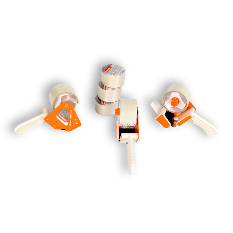 Discountershop Tape Dispenser Set: 3 Pieces, each including 6 Tapes (15cm x 48cm) - Adhesive Tape Holder in White & Orange - Made of Plastic & Metal Discountershop Tape Dispenser Set: 3 Pieces, each including 6 Tapes (15cm x 48cm) - Adhesive Tape Holder in White & Orange - Made of Plastic & Metal