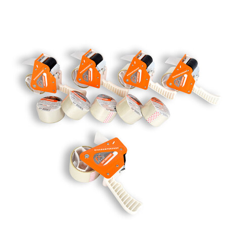 Discountershop White & Orange Tape Dispenser Set: 5 Pieces with 10 Tapes (15cm x 48cm) - Adhesive Tape Holder - Plastic & Metal Discountershop White & Orange Tape Dispenser Set: 5 Pieces with 10 Tapes (15cm x 48cm) - Adhesive Tape Holder - Plastic & Metal
