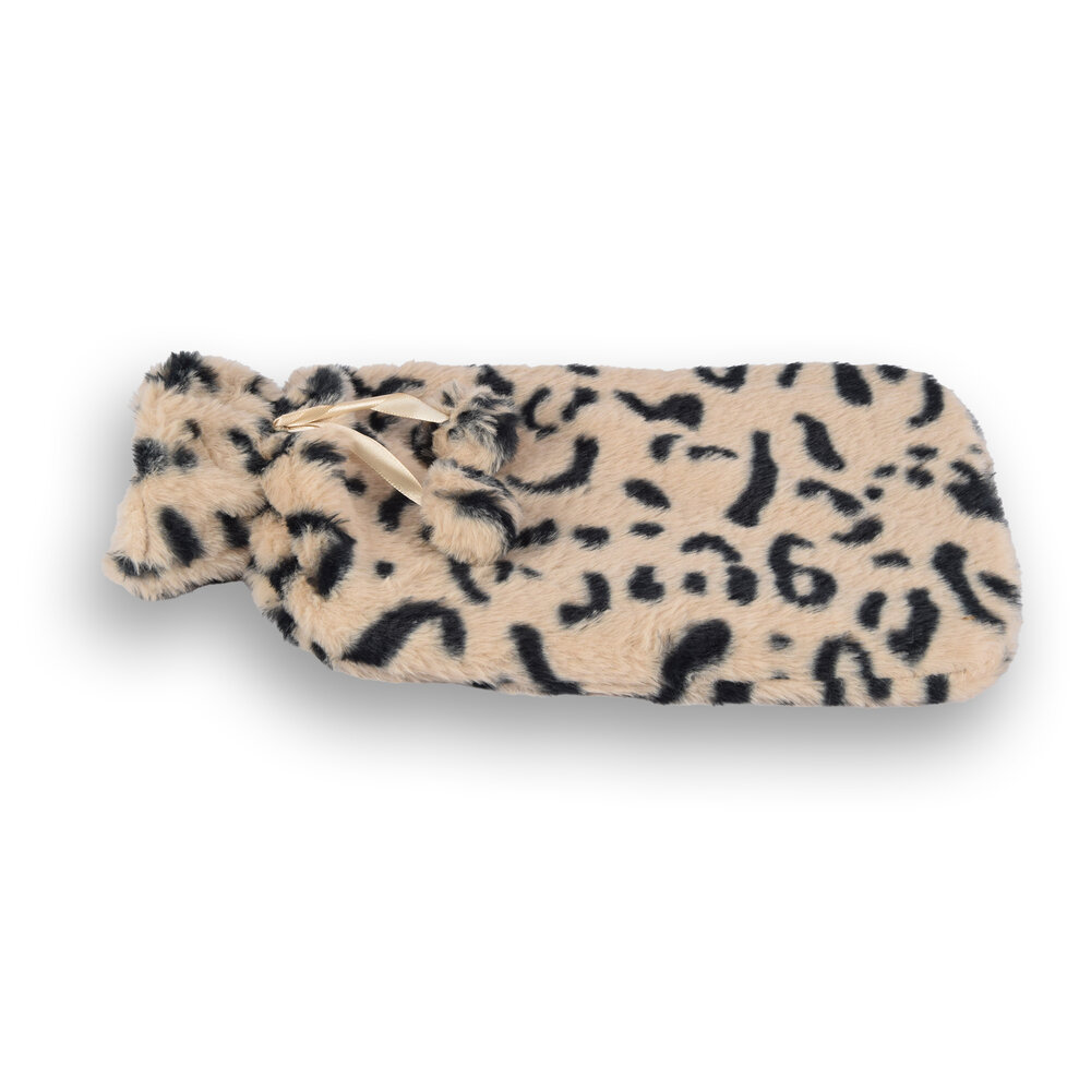 Discountershop Zachte Kinderkruik met Cheetah Print Hoes - Beige & Zwart - 0.85L - Polyester/Natuurrubber - 29cm x 2cm x 29cm
