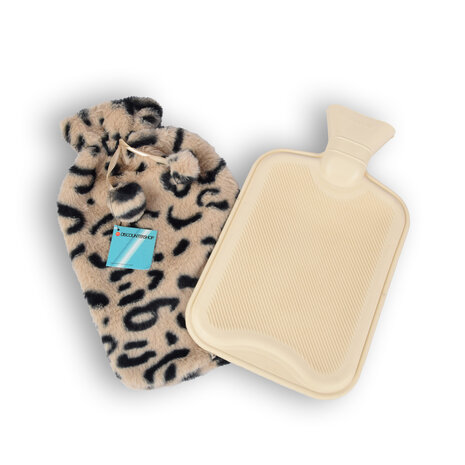 Discountershop Zachte Kinderkruik met Cheetah Print Hoes - Beige & Zwart - 0.85L - Polyester/Natuurrubber - 29cm x 2cm x 29cm