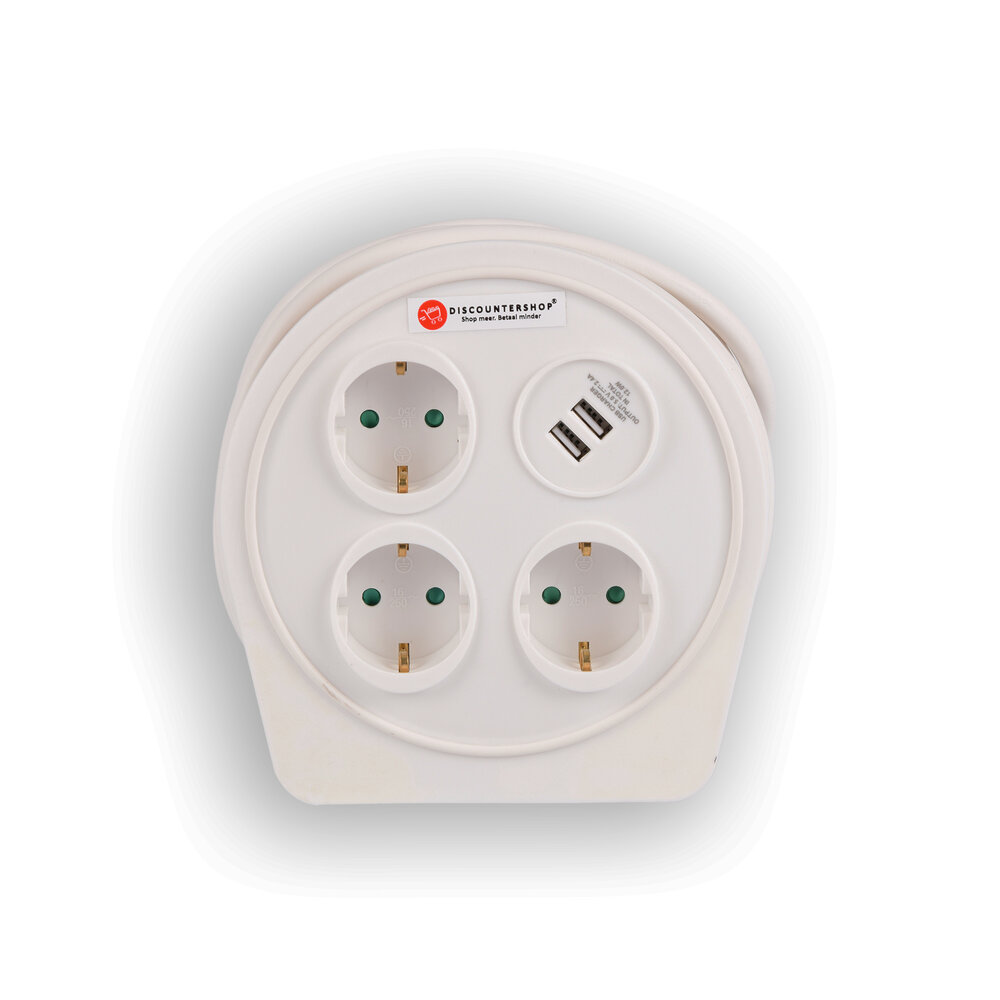 Discountershop Kwalitatief Verlengsnoer met Stekkerdoos van Kunststof - Wit - Discountershop - 10Mtr - 1100W - 2.4AMP - USB Charger Output Discountershop Kwalitatief Verlengsnoer met Stekkerdoos van Kunststof - Wit - Discountershop - 10Mtr - 1100W - 2.4AMP - USB Charger Output