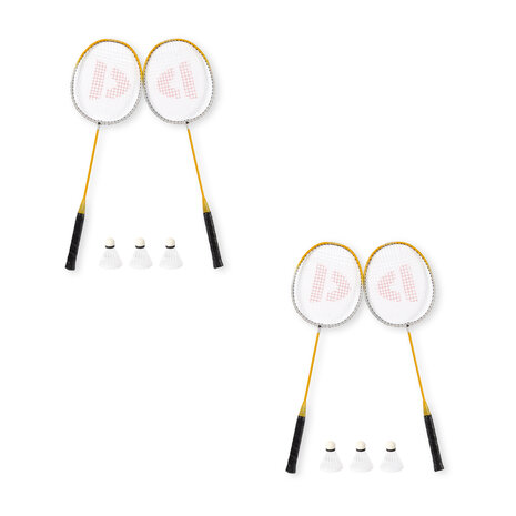 Discountershop Gele badminton racket set met aluminium rackets, bioplastic shuttles en opbergtas – kies de gewenste uitvoering voor 4 tot 20 personen