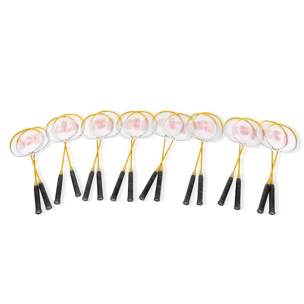 Discountershop Badmintonset voor 16 personen met 16 gele aluminium rackets, 24 bioplastic shuttles en opbergtassen voor school en groepsactiviteiten Discountershop Badmintonset voor 16 personen met 16 gele aluminium rackets, 24 bioplastic shuttles en opbergtassen voor school en groepsactiviteiten