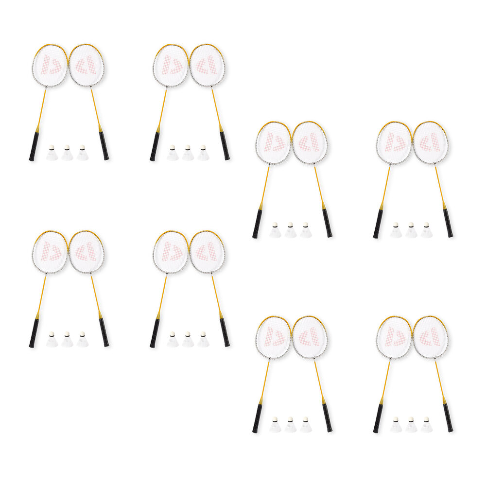Discountershop Badmintonset voor 16 personen met 16 gele aluminium rackets, 24 bioplastic shuttles en opbergtassen voor school en groepsactiviteiten Discountershop Badmintonset voor 16 personen met 16 gele aluminium rackets, 24 bioplastic shuttles en opbergtassen voor school en groepsactiviteiten