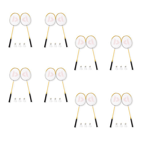 Discountershop Badmintonset voor 16 personen met 16 gele aluminium rackets, 24 bioplastic shuttles en opbergtassen voor school en groepsactiviteiten Discountershop Badmintonset voor 16 personen met 16 gele aluminium rackets, 24 bioplastic shuttles en opbergtassen voor school en groepsactiviteiten
