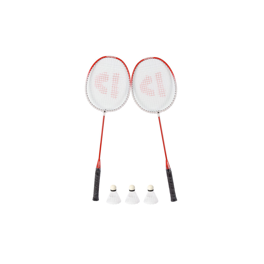 Discountershop Badmintonset met rode rackets en shuttles – metalen badmintonrackets van 67 x 20 cm voor tuin, camping, recreatie en groepen
