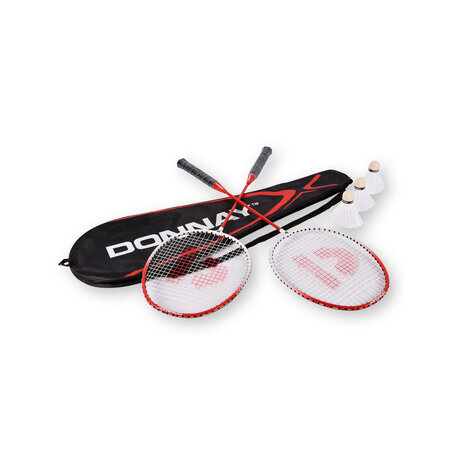 Discountershop Badmintonset met rode rackets en shuttles – metalen badmintonrackets van 67 x 20 cm voor tuin, camping, recreatie en groepen