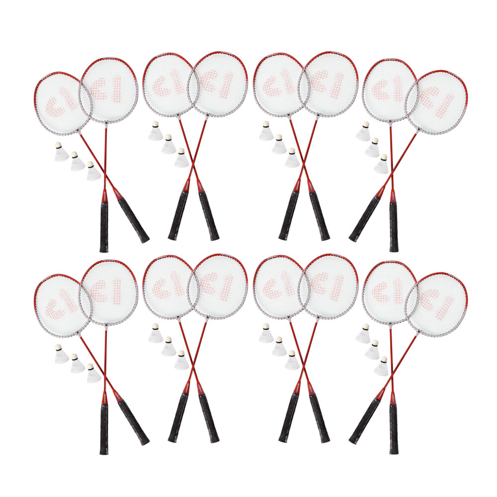 Discountershop Badmintonset voor 16 personen – 16 rode badmintonrackets van 67 x 20 cm met 24 shuttles voor school, camping en groepen